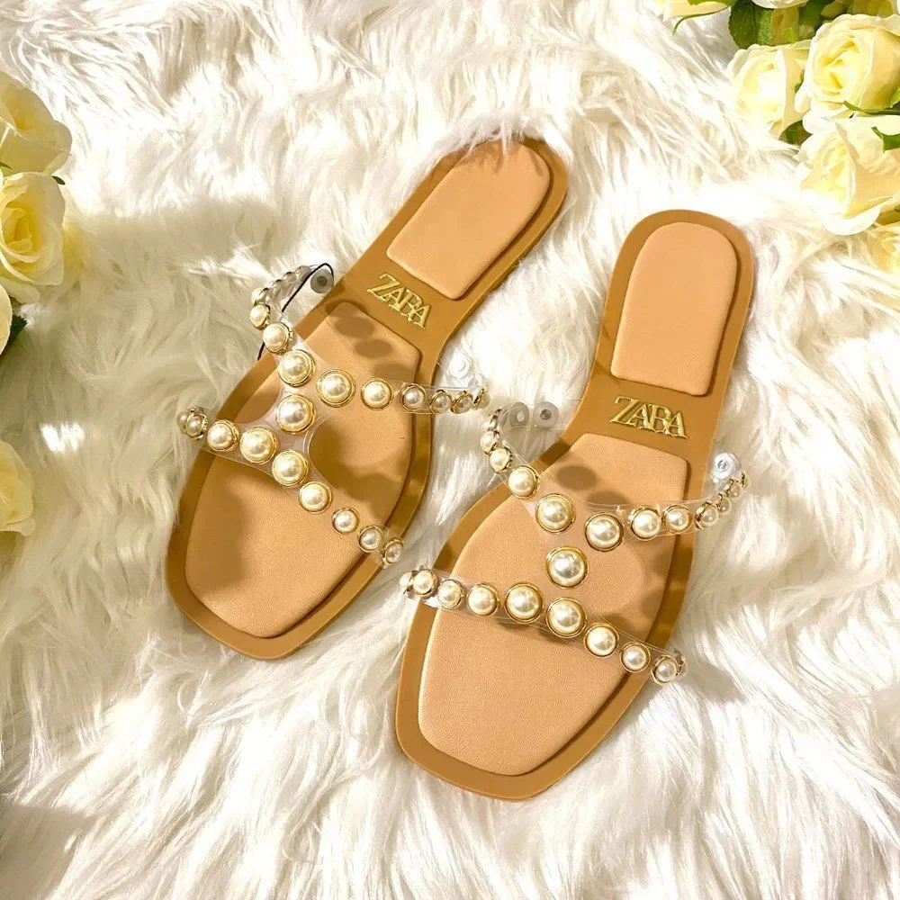 ZARA PEARLY VINYL SANDALS FLATS